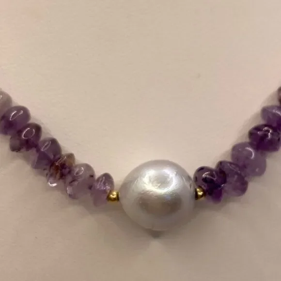 14k Amethyst Bead Necklace with Pearl - Picture 5 of 12